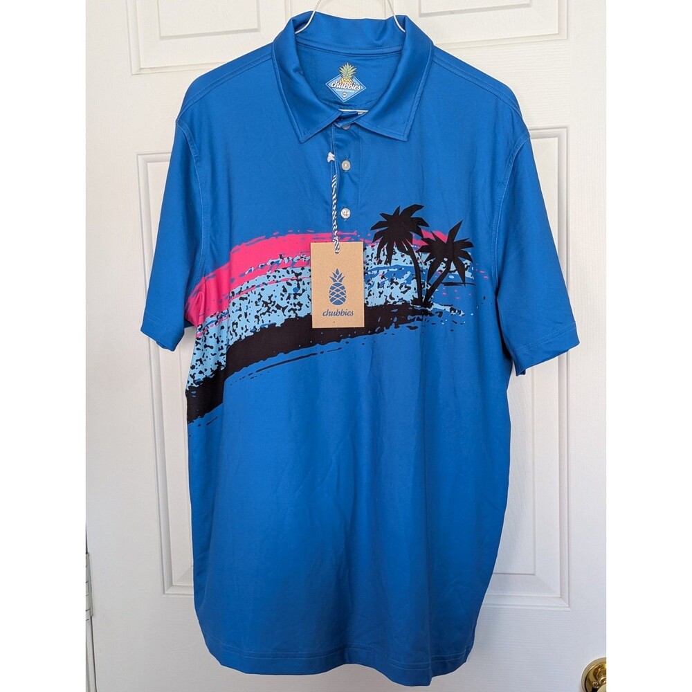 NWT Chubbies Polo Shirt Mens Medium Blue Tropical Beach Golf Performance Retro